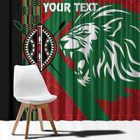 Kenya rugby window curtains featuring lion head design, red green tribal pattern, black side