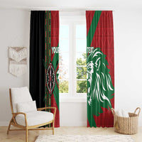 Kenya rugby window curtains with red, green, and black panels and large white lion head