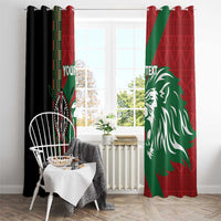 Kenya rugby window curtains hung with rings, red green lion graphic on both sides