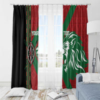Kenya rugby window curtains with black and red panels, green lion face centerpiece