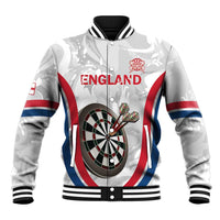 White baseball jacket with hood, snap front, ribbed cuffs; England dartboard graphic
