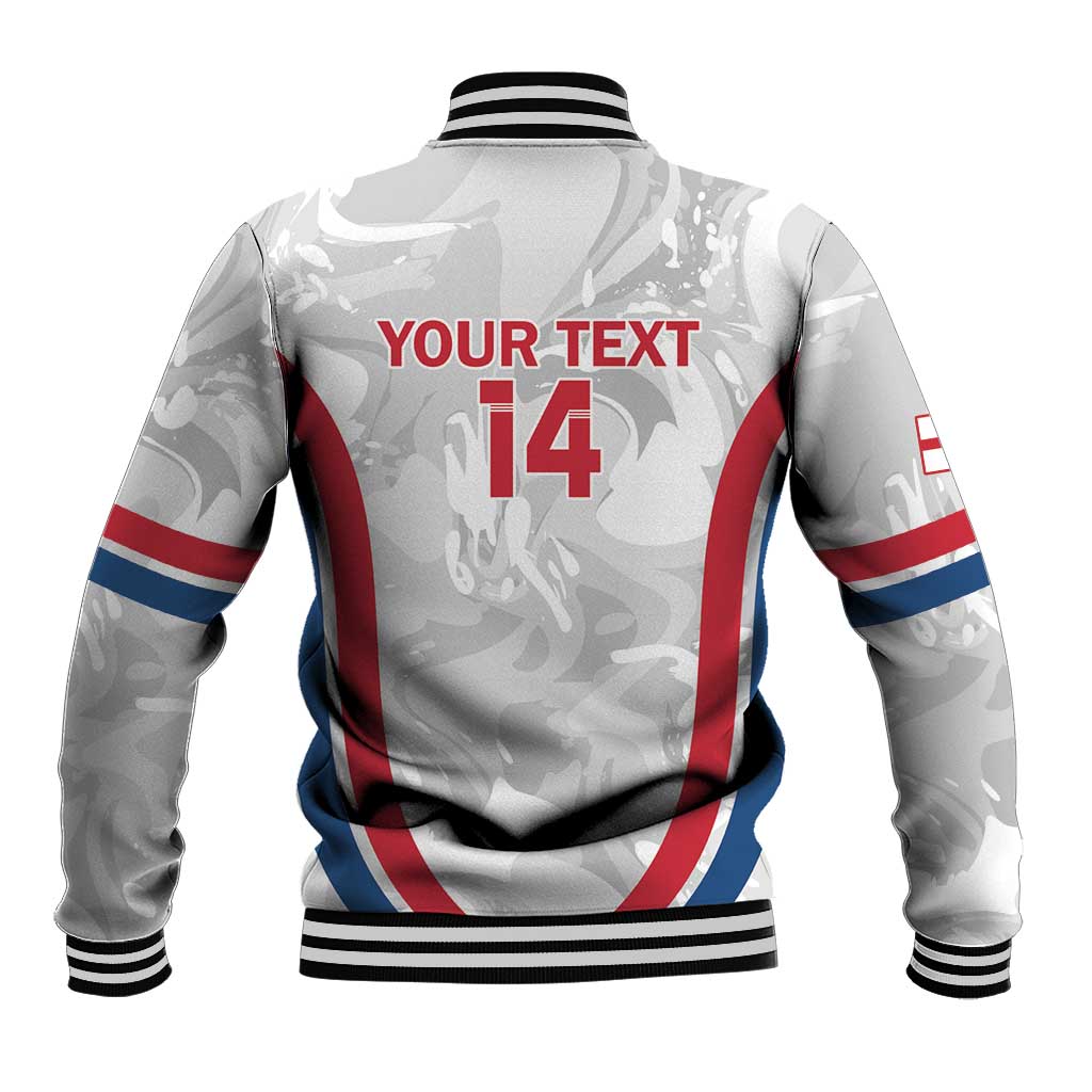 White baseball jacket with hood and ribbed trim; back shows "YOUR TEXT" and number 14