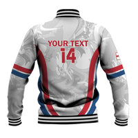 White baseball jacket with hood and ribbed trim; back shows "YOUR TEXT" and number 14