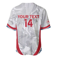 White baseball jersey with grunge marble pattern, red "YOUR TEXT" and number 14 back