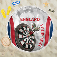 Round beach blanket with fringe; England darts graphic and dartboard, white/red/blue