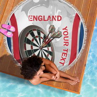 Round beach blanket with fringe showing England dartboard graphic with red and blue sides