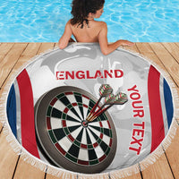 Round beach blanket with fringe featuring central dartboard and ENGLAND text