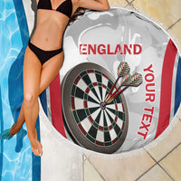 Round beach blanket with fringe, England darts dartboard graphic with red and blue edges
