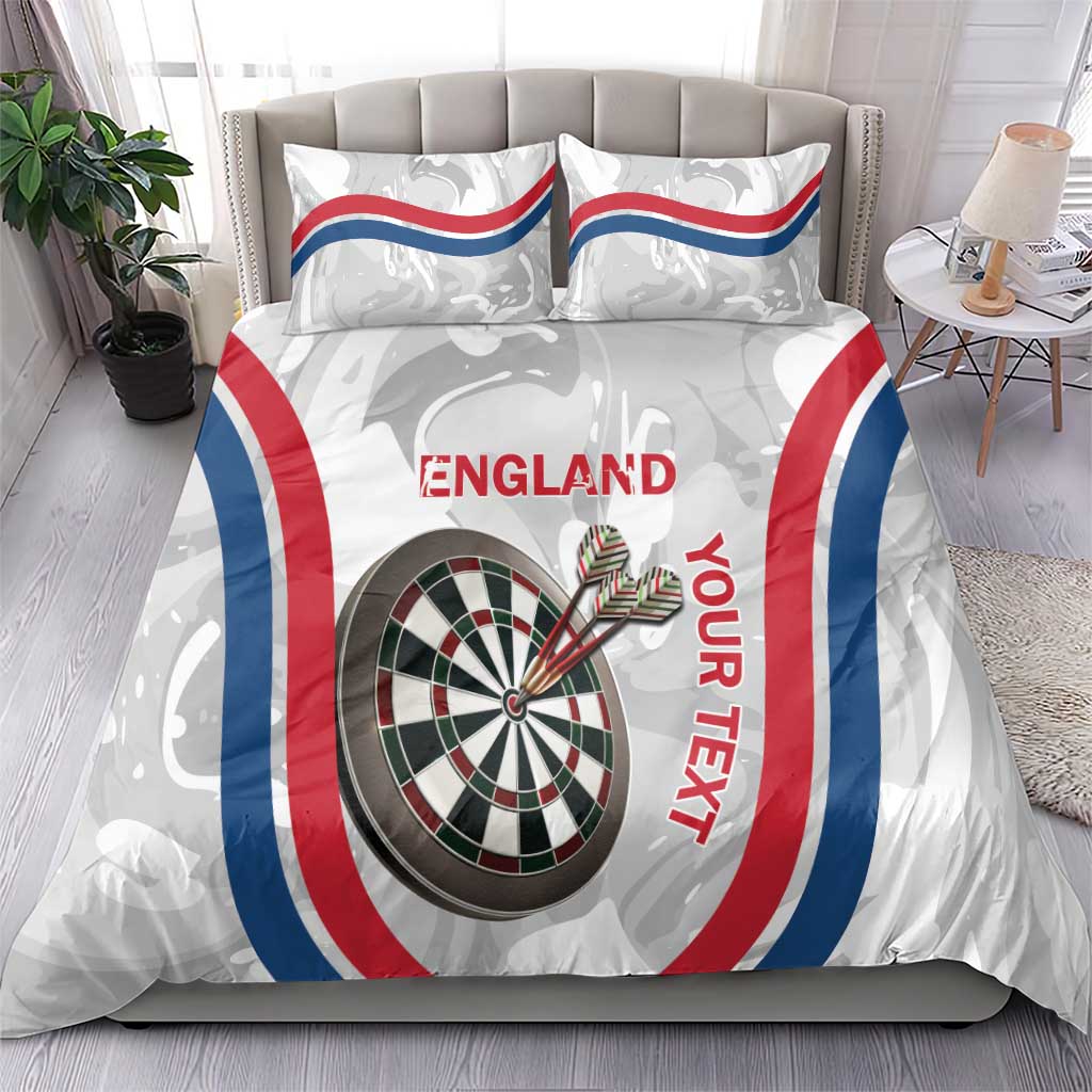 White darts bedding set with England flag stripes, dartboard graphic, and two matching pillowcases