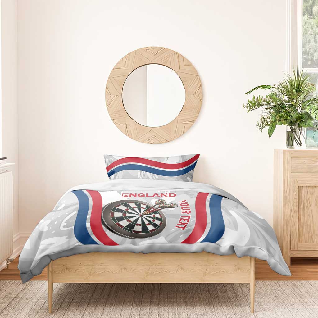 White darts bedding set with England flag stripes, dartboard emblem on duvet, and pillows