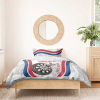 White darts bedding set with England flag stripes, dartboard emblem on duvet, and pillows