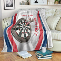 White England darts blanket with dartboard graphic and red blue curved stripes