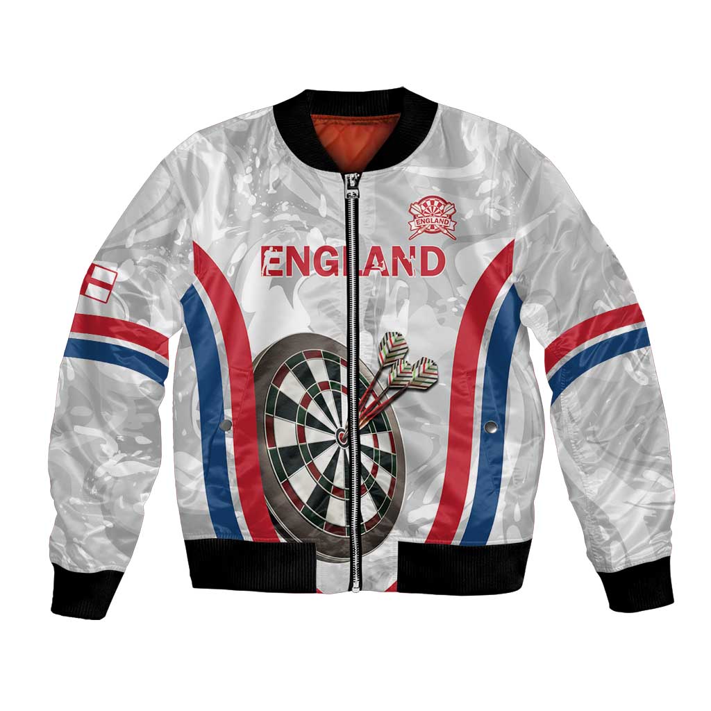 White bomber jacket, black ribbed cuffs and hem, zip front; dart graphic and England emblem