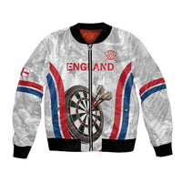 White bomber jacket, black ribbed cuffs and hem, zip front; dart graphic and England emblem