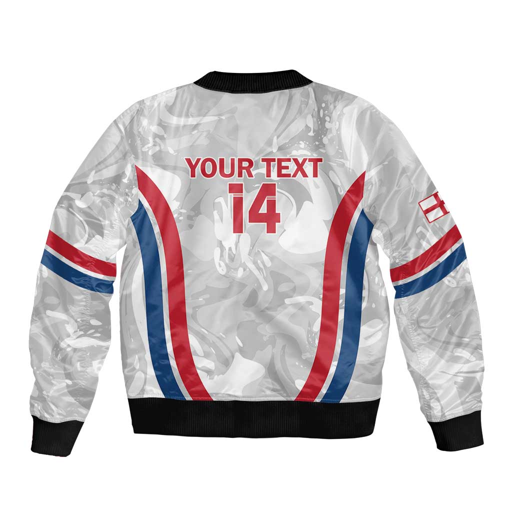 White bomber jacket with black ribbed cuffs and hem; back text 'YOUR TEXT' and 'I4'