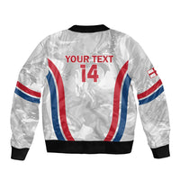 White bomber jacket with black ribbed cuffs and hem; back text 'YOUR TEXT' and 'I4'