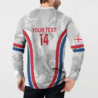 White marble-style henley sweatshirt, back print YOUR TEXT 14, red/blue side panel stripes