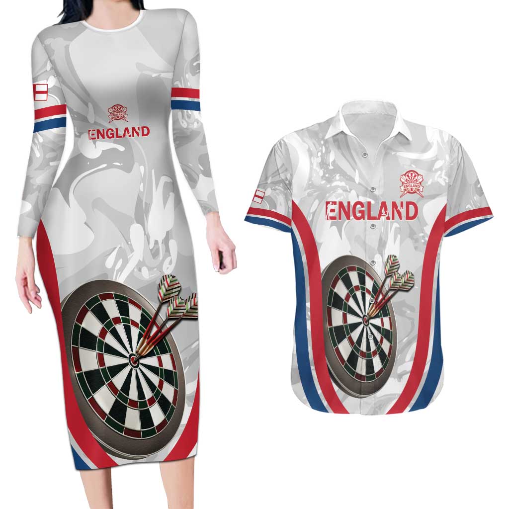 Custom England Darts Couples Matching Long Sleeve Bodycon Dress and Hawaiian Shirt Go Champions Grunge Marble Style - Wonder Print Shop