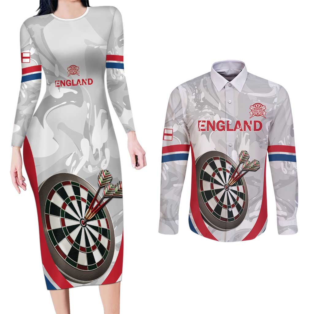 Custom England Darts Couples Matching Long Sleeve Bodycon Dress and Long Sleeve Button Shirt Go Champions Grunge Marble Style - Wonder Print Shop