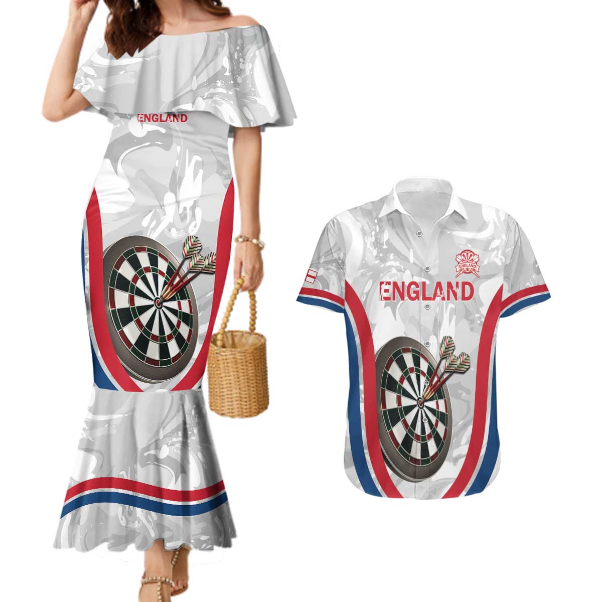 Custom England Darts Couples Matching Mermaid Dress and Hawaiian Shirt Go Champions Grunge Marble Style - Wonder Print Shop