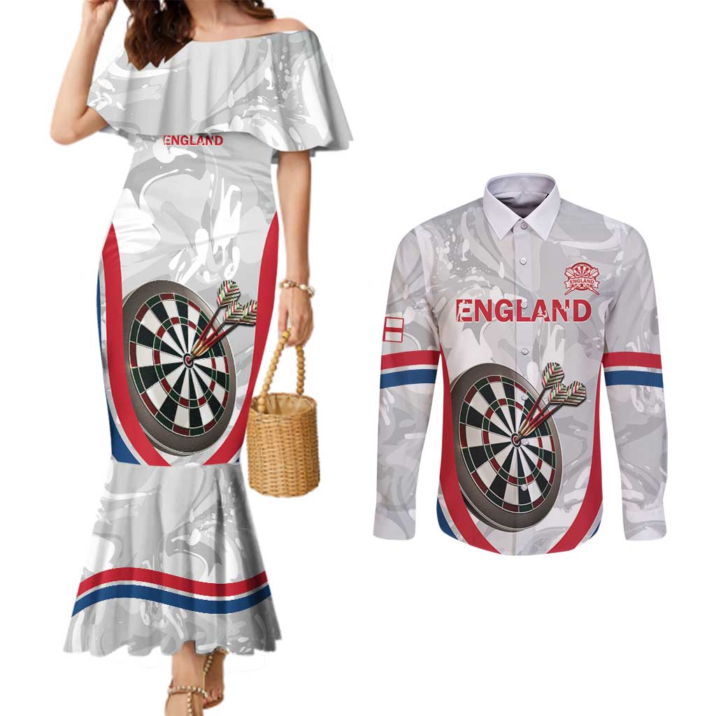 Custom England Darts Couples Matching Mermaid Dress and Long Sleeve Button Shirt Go Champions Grunge Marble Style