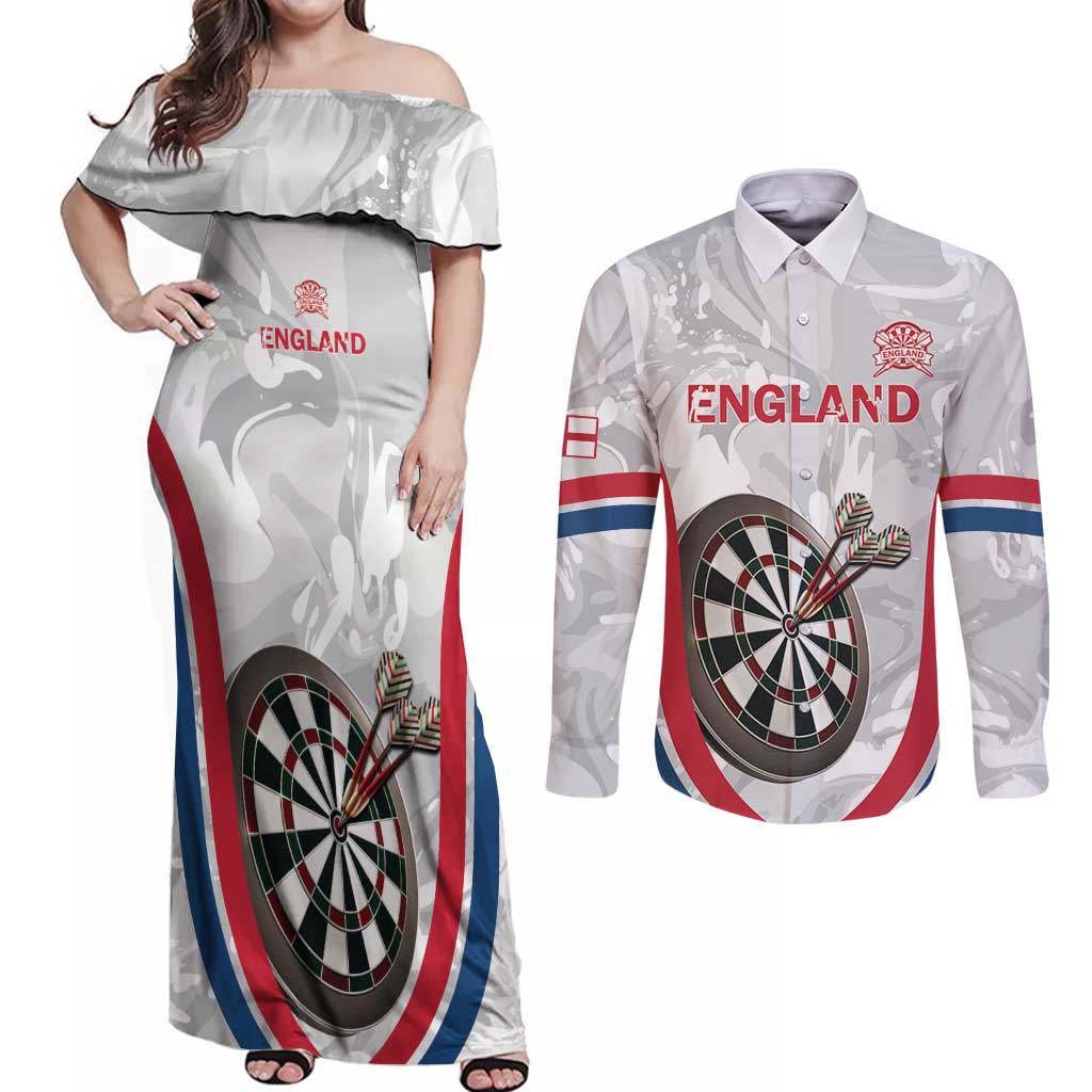 Custom England Darts Couples Matching Off Shoulder Maxi Dress and Long Sleeve Button Shirt Go Champions Grunge Marble Style - Wonder Print Shop