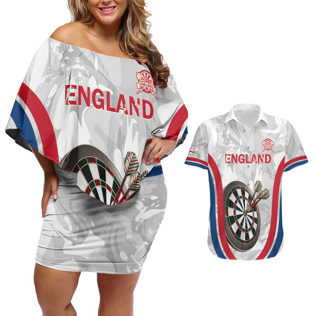 Custom England Darts Couples Matching Off Shoulder Short Dress and Hawaiian Shirt Go Champions Grunge Marble Style - Wonder Print Shop