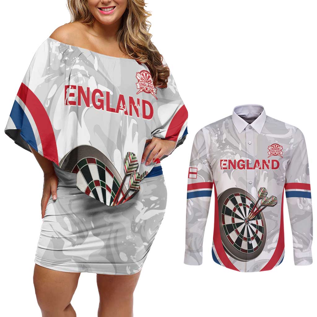 Custom England Darts Couples Matching Off Shoulder Short Dress and Long Sleeve Button Shirt Go Champions Grunge Marble Style - Wonder Print Shop