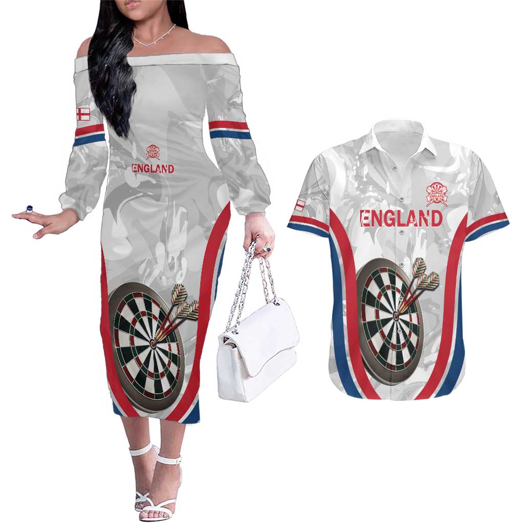 Custom England Darts Couples Matching Off The Shoulder Long Sleeve Dress and Hawaiian Shirt Go Champions Grunge Marble Style - Wonder Print Shop