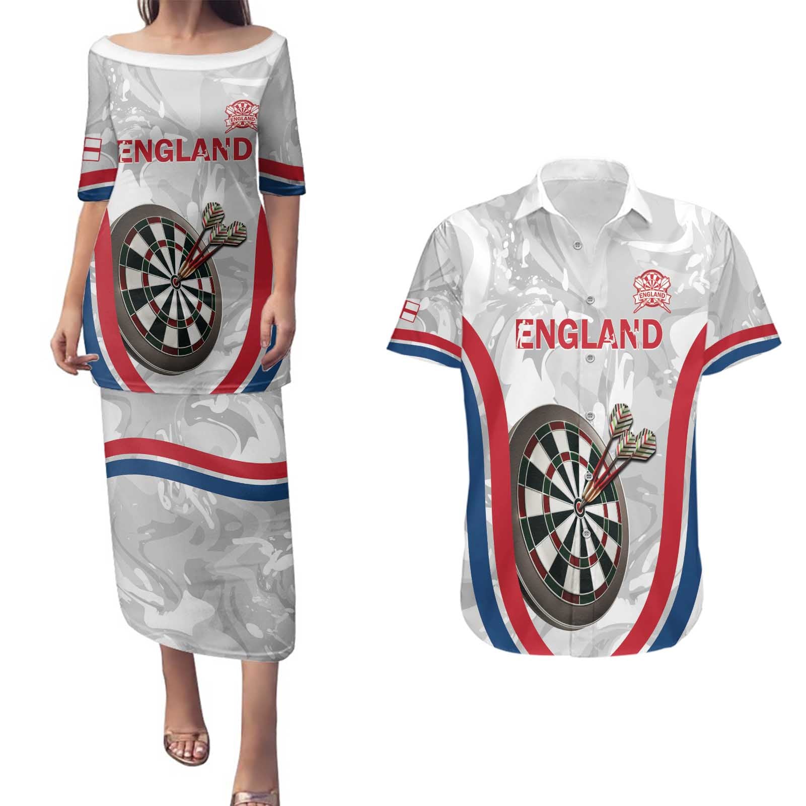 Custom England Darts Couples Matching Puletasi and Hawaiian Shirt Go Champions Grunge Marble Style - Wonder Print Shop