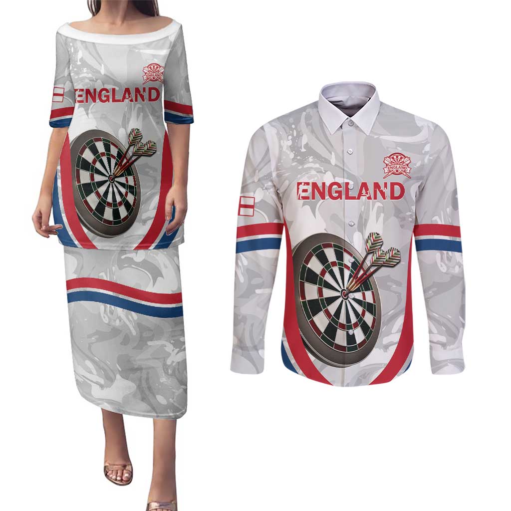 Custom England Darts Couples Matching Puletasi and Long Sleeve Button Shirt Go Champions Grunge Marble Style - Wonder Print Shop