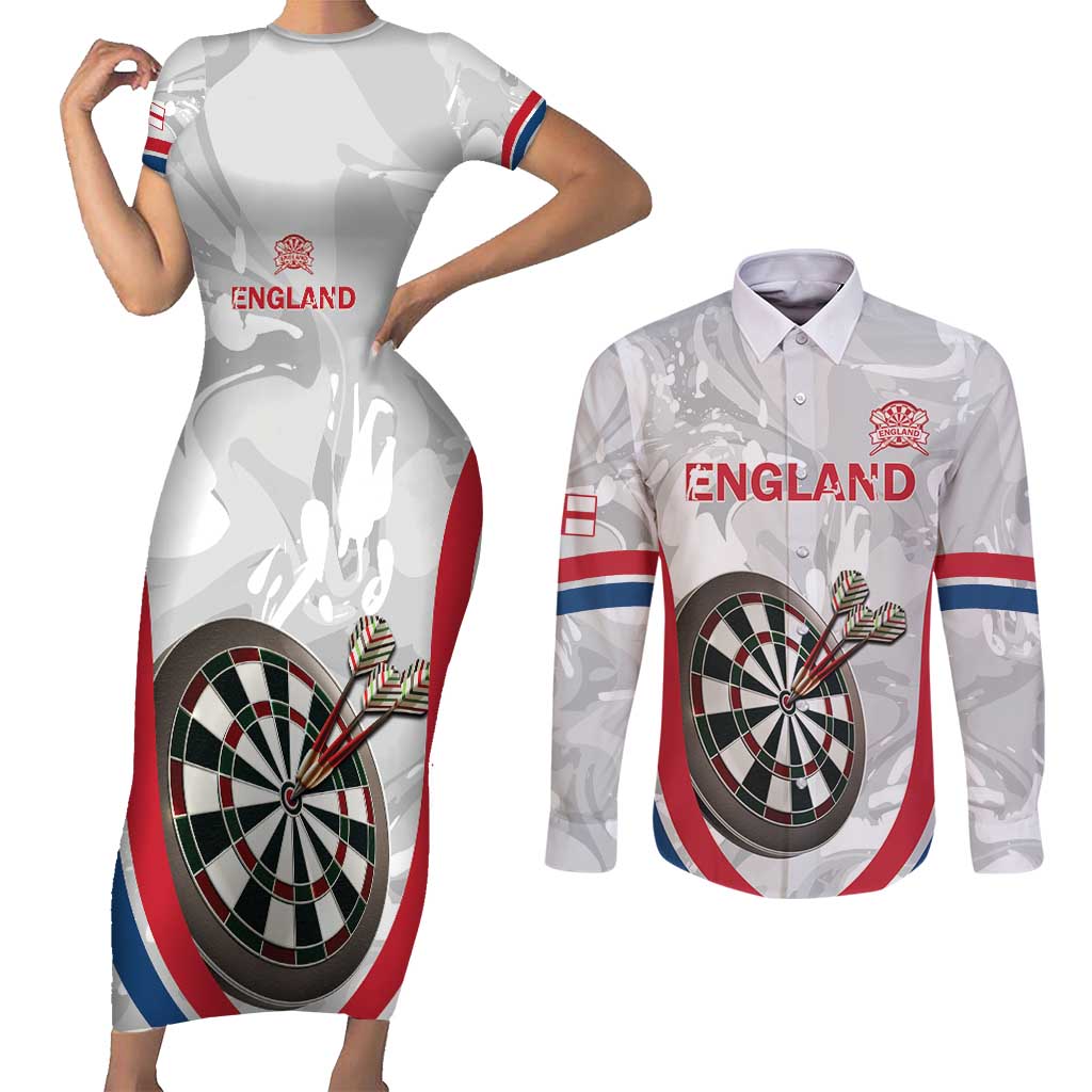 Custom England Darts Couples Matching Short Sleeve Bodycon Dress and Long Sleeve Button Shirt Go Champions Grunge Marble Style - Wonder Print Shop