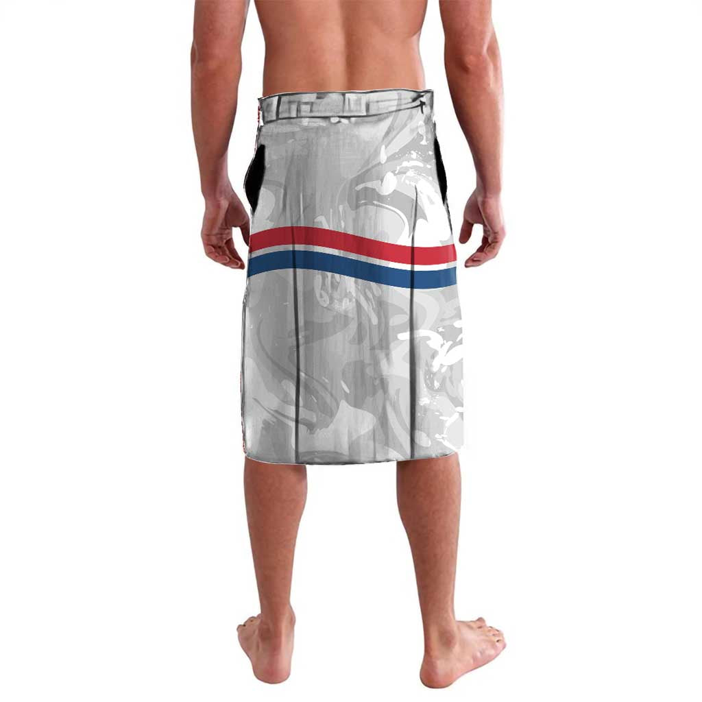 White-gray camo shorts, back view, elastic waistband and red/blue hem stripe