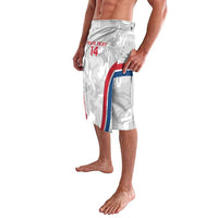 White-gray camo shorts, side view, elastic waistband and red/blue stripe panel