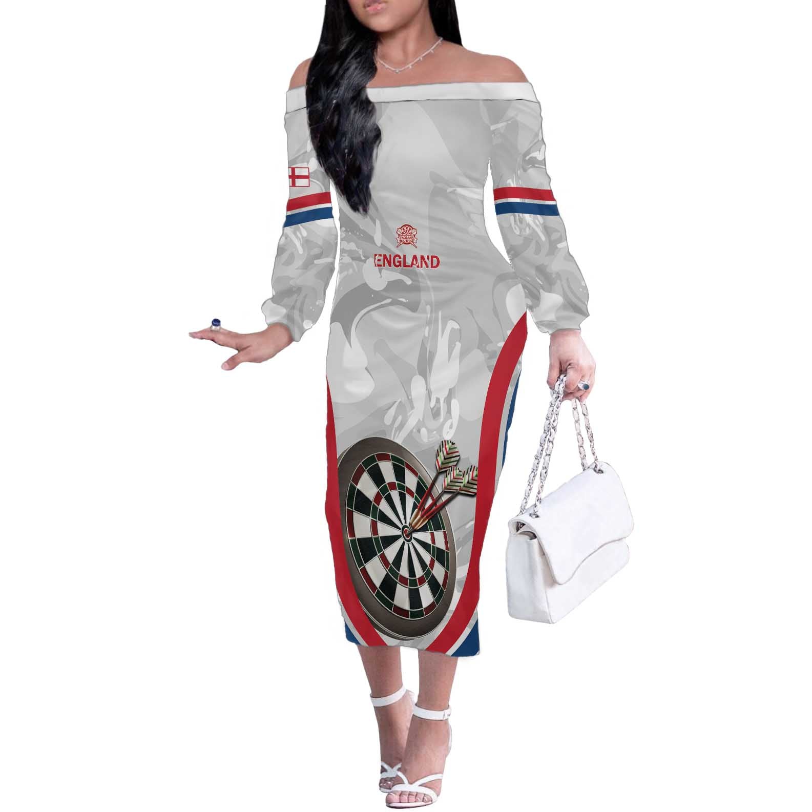 Custom England Darts Off The Shoulder Long Sleeve Dress Go Champions Grunge Marble Style - Wonder Print Shop