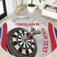 Round darts carpet with gray marble-style print, England text and dartboard