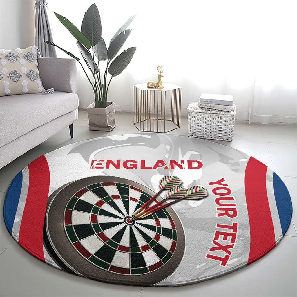 Round darts carpet with dartboard center, England and Your Text on gray marble print