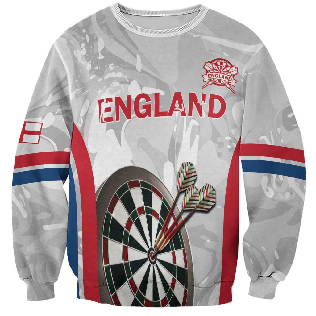 Crewneck sweatshirt with gray marble print, red/blue stripe sleeves, dart graphic front