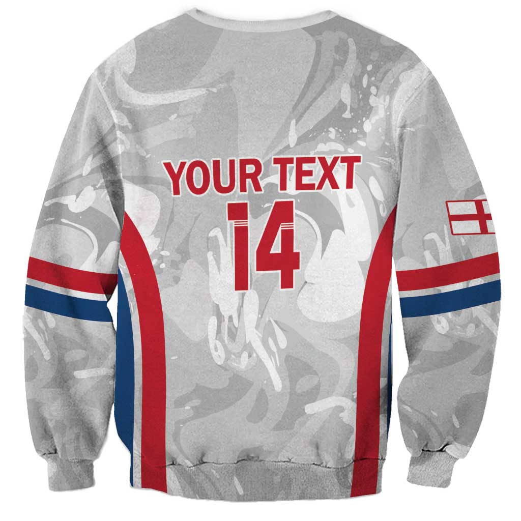 Crewneck sweatshirt with gray marble back print, red/blue sleeve stripes, text and 14