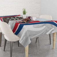England darts tablecloth on dining table with dartboard graphic and red white blue bands