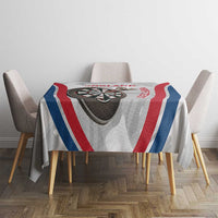 England darts tablecloth on table with dartboard center and red white blue striped accents