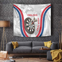Custom England darts tapestry with dartboard, “ENGLAND” text, red-white-blue curved stripes