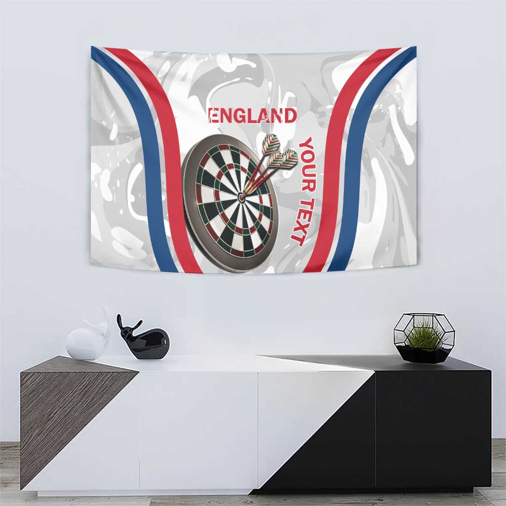 Custom England darts wall tapestry featuring dartboard, “ENGLAND” lettering, red-white-blue stripes