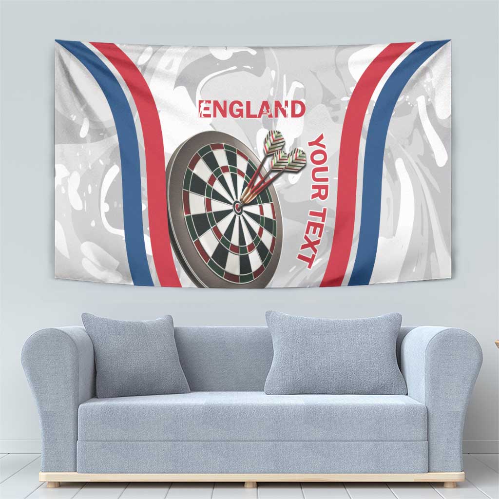 Custom England darts tapestry with dartboard center, “ENGLAND” text, bold red-white-blue arcs