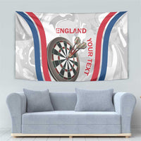 Custom England darts tapestry with dartboard center, “ENGLAND” text, bold red-white-blue arcs