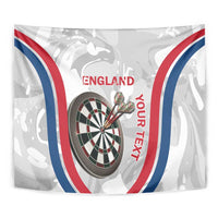 Close-up of custom England darts tapestry with dartboard, “ENGLAND” text, red-blue-white arcs