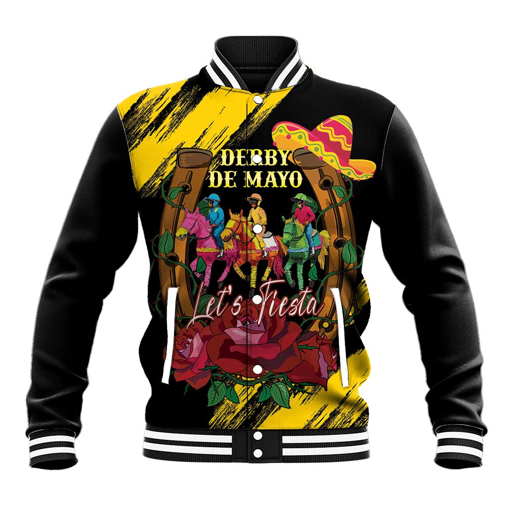 Unisex black-and-yellow baseball jacket with colorful race graphic and striped rib trim