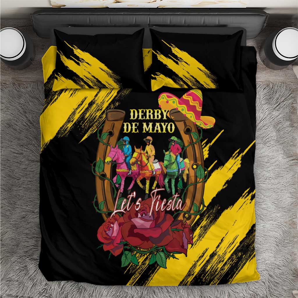 Black bedding set with yellow brushstroke pattern and Derby de Mayo “Let’s Fiesta” graphic