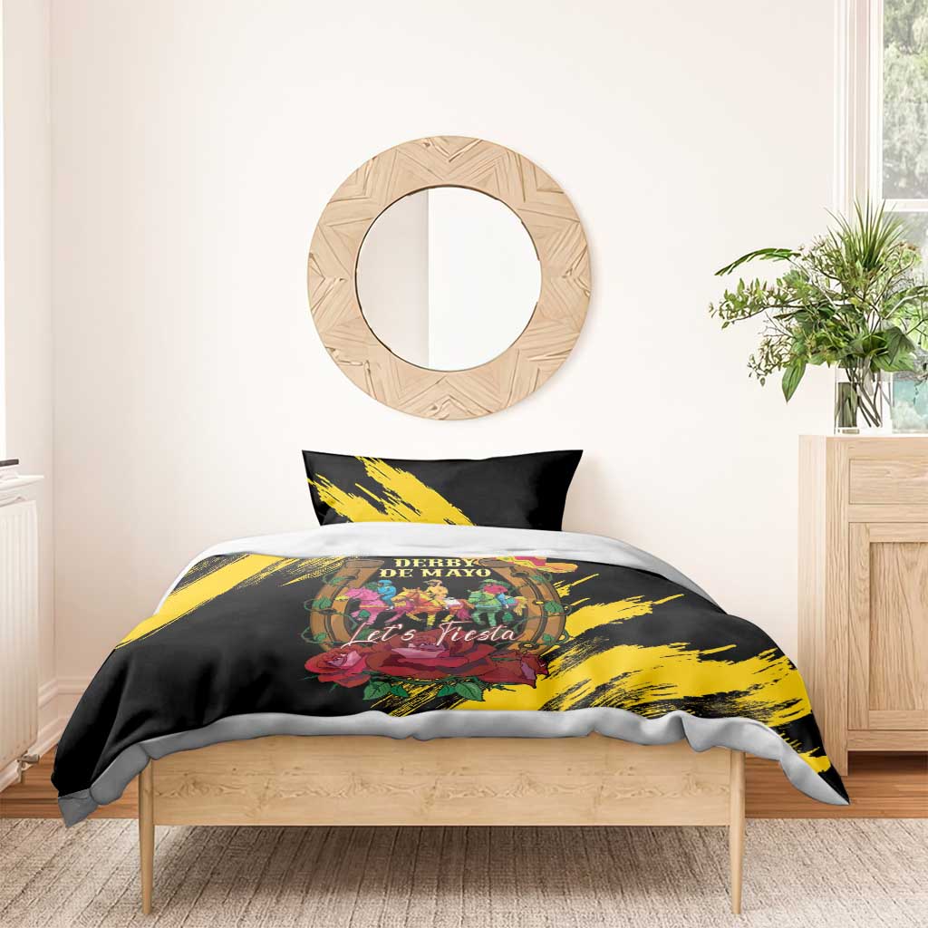 Black bedding set with yellow brushstroke border and “Let’s Fiesta” horse-racing artwork