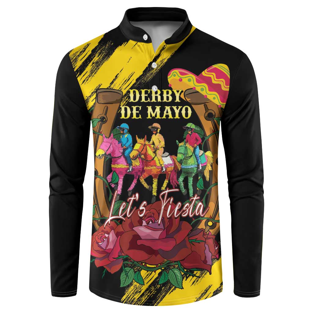 Black and yellow henley sweatshirt with colorful Derby de Mayo race graphic at chest